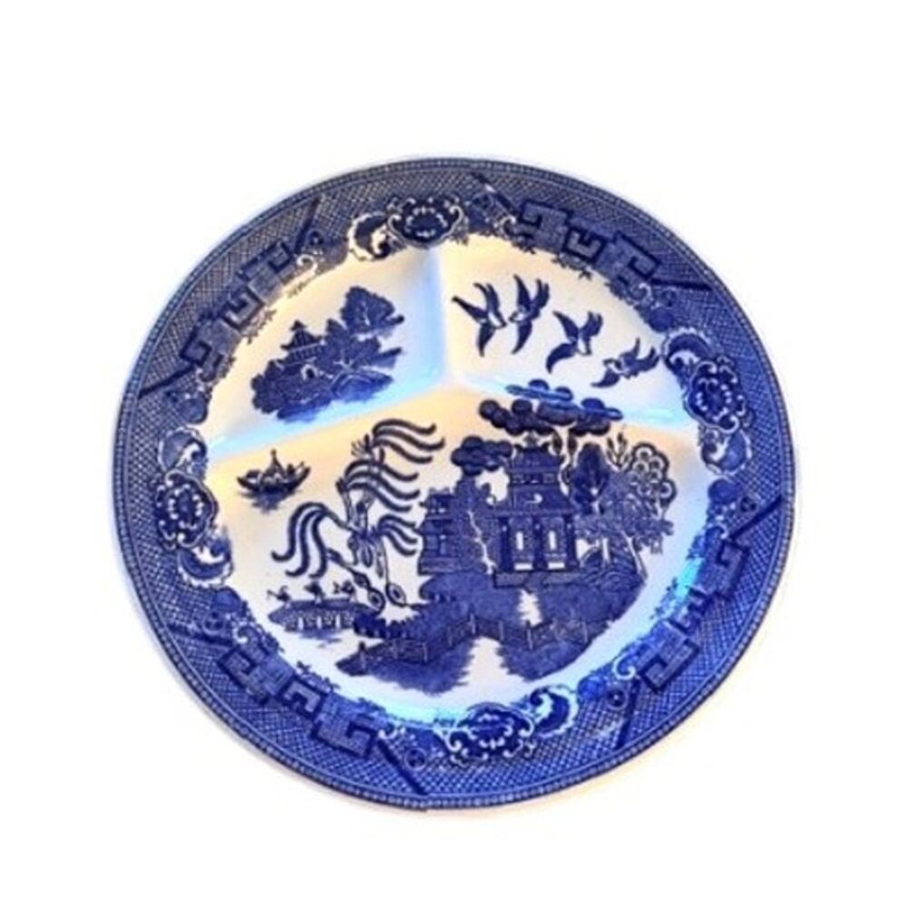 Vintage Blue White Divided Plate Made in Japan Scenic Transferware 10" Dish
